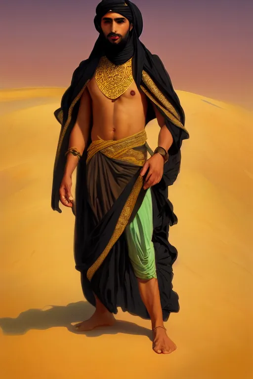 Image similar to full figure beautiful young fit arabic dark man, dressed with multicolored fluent clothes, luminous scene, by greg rutkowski and alphonse mucha, d & d character, gradient white to gold, in front of a dune desert background, highly detailed portrait, digital painting, artstation, concept art, smooth, sharp focus illustration, artstation hq