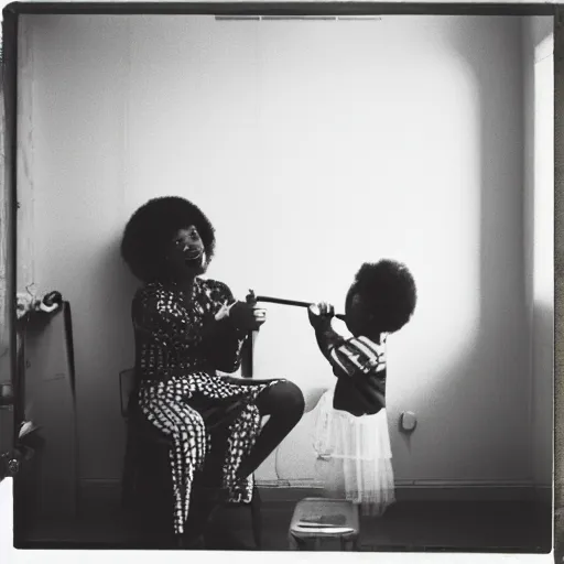 Prompt: afro woman brushing her daughter's hair, retro room, 8 0 s, nostalgic, disposable film