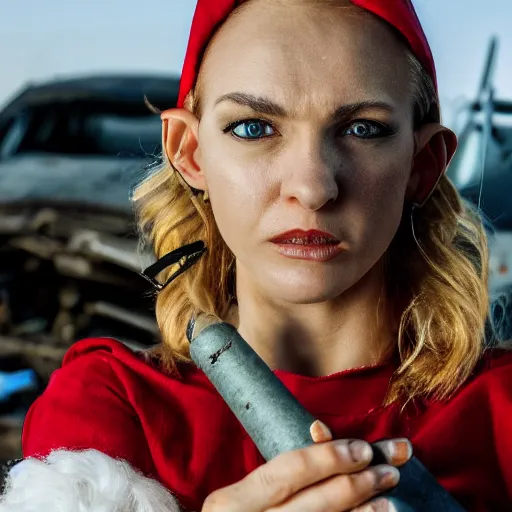 Prompt: close up headshot of a skinny female high-fantasy elf with a long face narrow chin and spiky blonde hair wearing dark brown overalls and holding a bomb next to a destroyed car, gel spiked blond hair, small ears, narrow lips, high resolution film still, HDR color