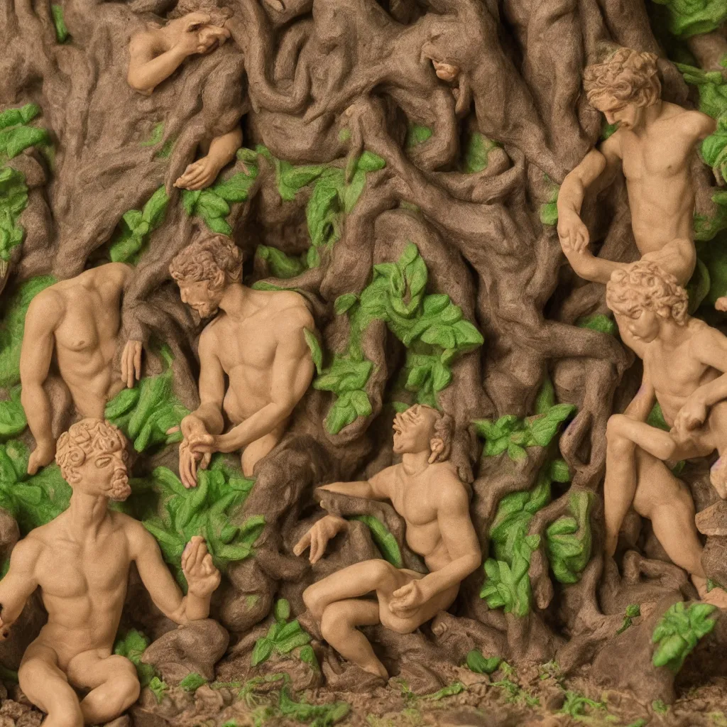 Prompt: detailed plasticine adam and god in the garden of eden, sunlit, camera angled dramatically, photograph, depth of field