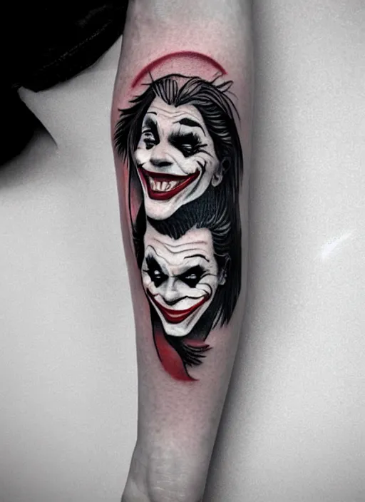 Image similar to a tattoo design of a joker girl holding an ace, hyper realistic, black and white