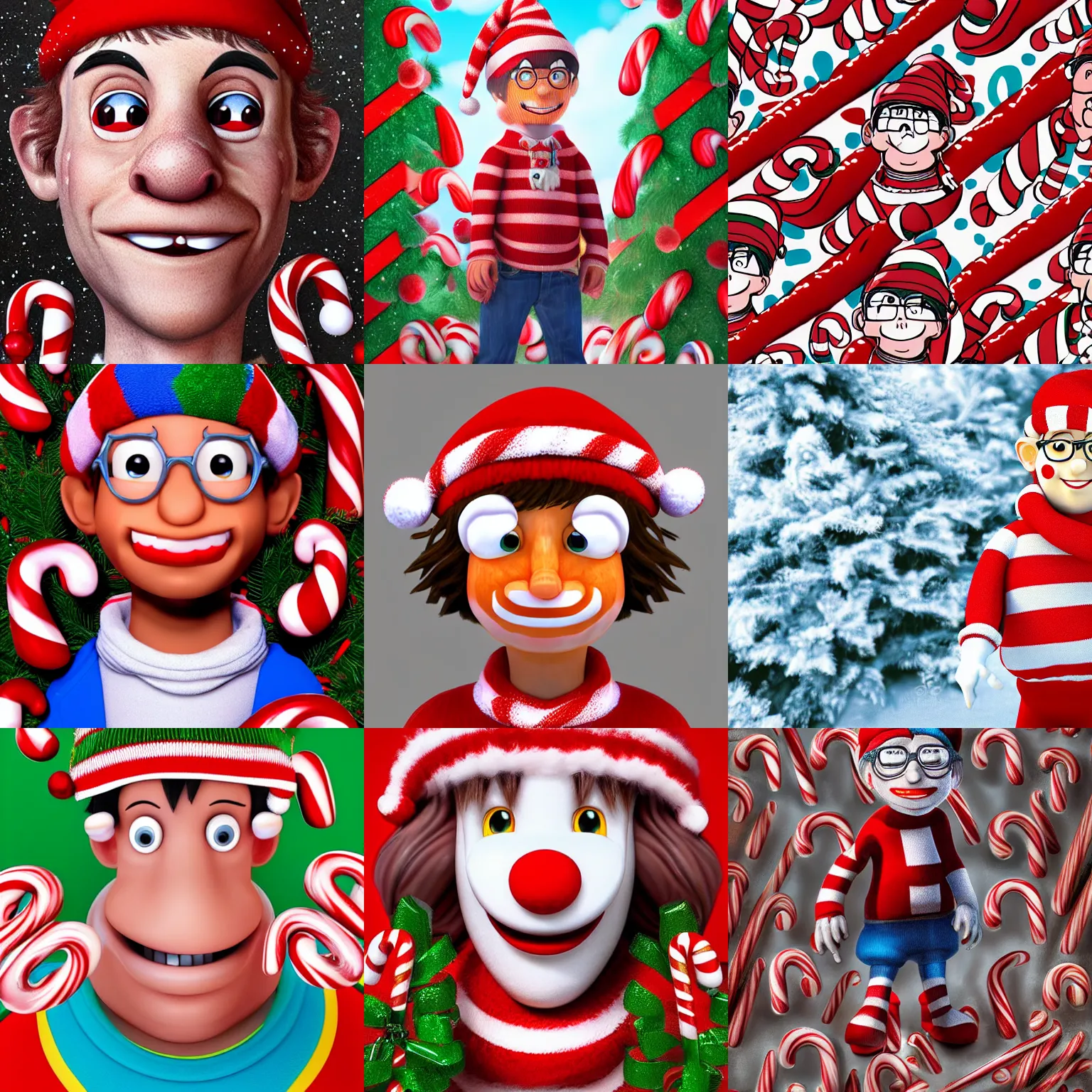 Prompt: portrait of Waldo character from Where's Waldo, hidding by candy canes, max accurate advanced digital art, HD, 8k