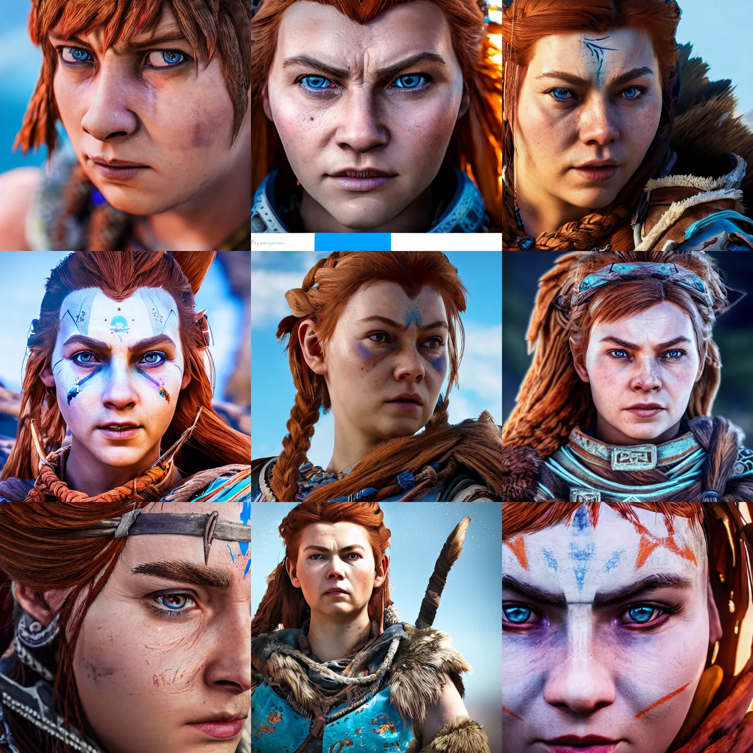 Prompt: Erna Solberg as Aloy, up close picture, HD screenshot from PlayStation game Horizon Zero Dawn, Sony a7R IV, symmetric balance, polarizing filter, Photolab, Lightroom, 4K, Dolby Vision, Photography Award