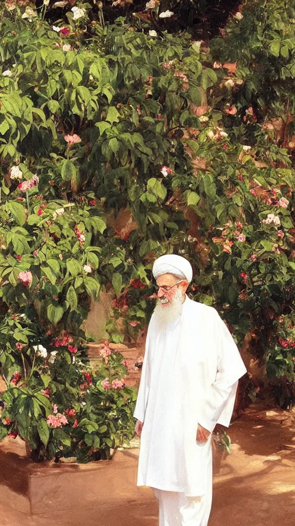 Image similar to an ali khamenei in botanical room by john singer sargent, cinematic, detailed