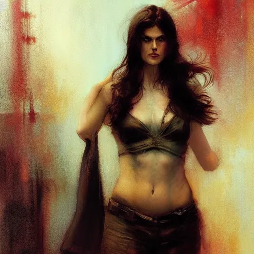 Image similar to alexandra daddario, hyperrealistic full figure, bladerunner street alley, art of elysium by frank frazetta and by jeremy mann and by alphonse mucha, fantasy art, photo realistic, dynamic lighting, artstation, full figure poster, volumetric lighting, very detailed face, 4 k, award winning