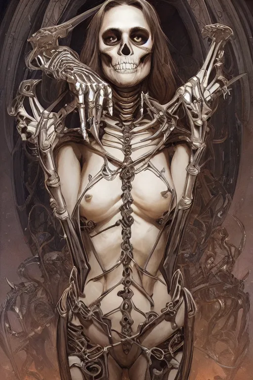 Image similar to skeleton as a heroine, intricate, elegant, highly detailed, centered, digital painting, artstation, concept art, smooth, sharp focus, illustration, art by artgerm and donato giancola and Joseph Christian Leyendecker, Ross Tran, WLOP