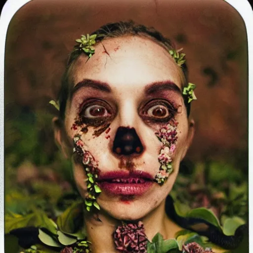 Image similar to a beautiful detailed front view portrait of a rotten woman corpse with plants and fractal flowers growing around, volumetric light, beautiful lit, polaroid photography