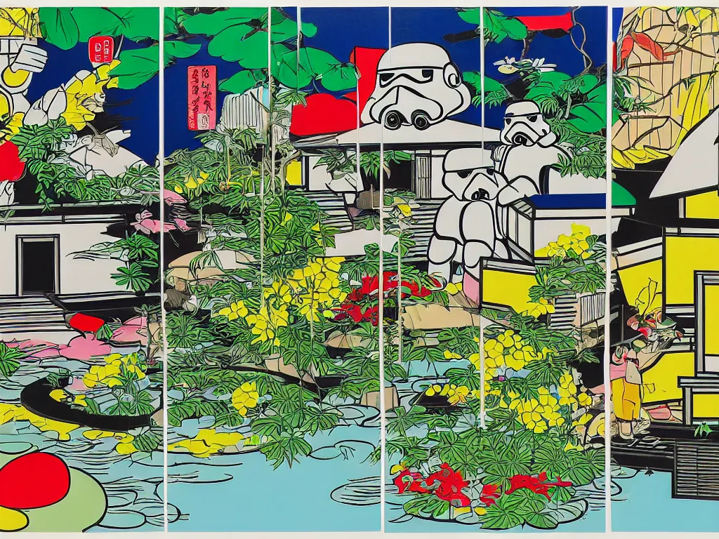 Image similar to detailed composition of the japanese home with a garden and a pond, 2 stormtroopers sitting around it, pop - art style, jacky tsai style, andy warhol style, roy lichtenstein style, rich palette, acrylic on canvas