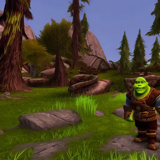 Prompt: shrek in world of warcraft, game graphics, clear, sharp, highly detailed