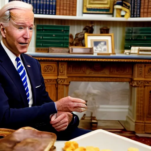 Prompt: joe biden sitting at the oval office eating a box of cheeze its