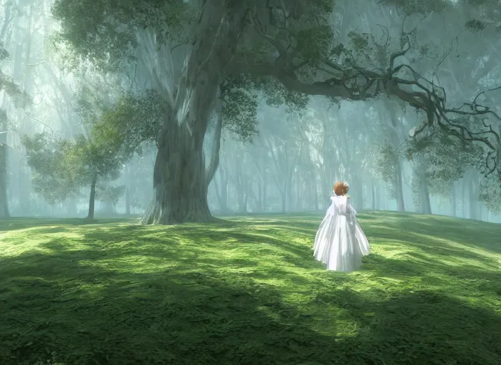 Prompt: a woman dressed in a white dress, seen from behind, in a magical forest, painted by, mc escher, gordon onslow ford, georgia o'keeffe and ivan aivazovsky, cinematic light, god rays, colourful, unreal engine, zbrush central,