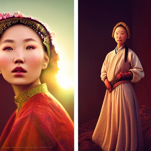 Image similar to photographic portrait of a stunningly beautiful renaissance mongol female in traditional dress in soft dreamy light at sunset, contemporary fashion shoot, by edward robert hughes, annie leibovitz and steve mccurry, david lazar, jimmy nelsson, breathtaking, 8 k resolution, extremely detailed, beautiful, establishing shot, artistic, hyperrealistic, beautiful face, octane render