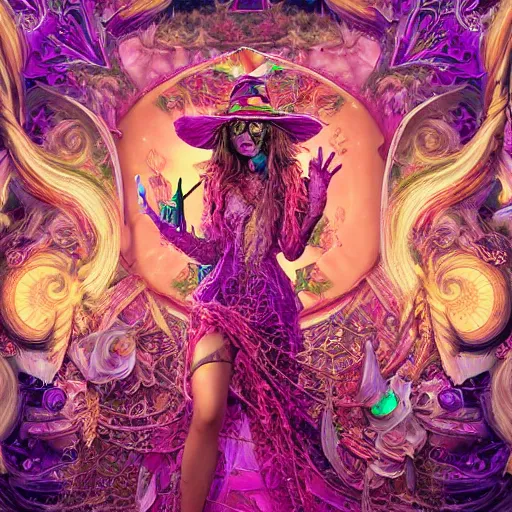 Image similar to psychadelic witch, hyper detailed, flowing psychadelic background intricate and detailed, ornate 8 k gorgeous intricate detailed, octane render