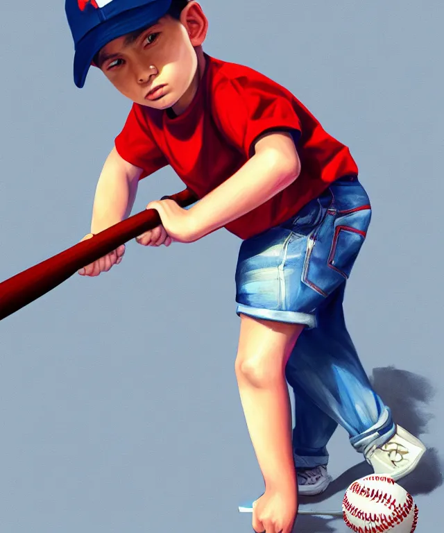 Prompt: a young boy wearing a horizontal striped shirt and a red baseball cap and jean shorts, holding a baseball bat, centered composition, digital painting, artstation, concept art, sharp focus, octane render, illustration, art by james jean,