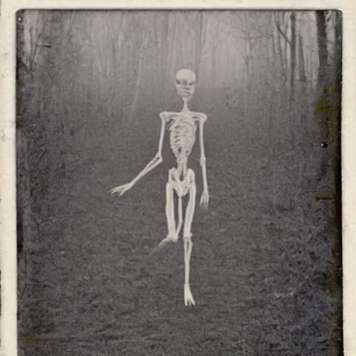 Image similar to A 1900's polaroid of a creepypasta tall slender spindly monster running towards the camera