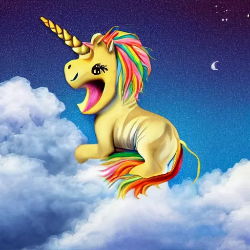 Prompt: a child rides a unicorn tiger between the clouds