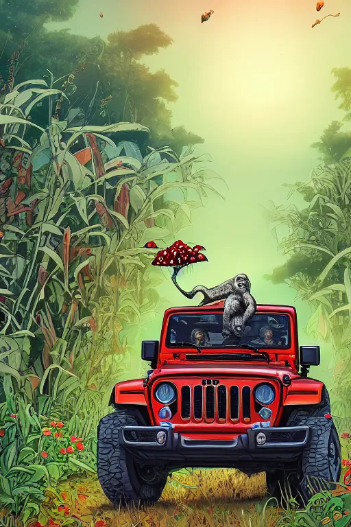 Image similar to gorillas standing by jeep holding a amanita muscaria, sunshine, by alba ballesta gonzalez and moebius. 4 k wallpaper, digital flat 2 d, japan animation, comic book, illustration, cinematic lighting, smooth sharp focus