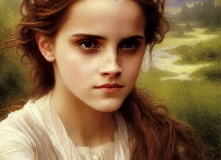 Image similar to painting of emma watson as hermione granger. focus on eyes. green eyes. extreme close up. beautiful. gorgeous. during golden hour. art by william adolphe bouguereau.