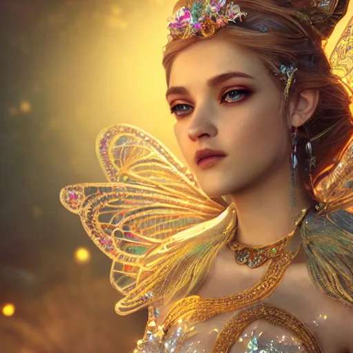 Image similar to portrait of fairy princess, glowing, ornate and intricate jewelry, jaw dropping beauty, glowing background lighting, white accent lighting, hyper detailed, fairy tale, 4 k octane render