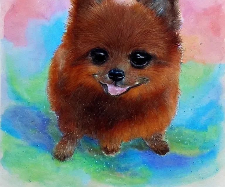 Prompt: brown pomeranian, cute, water painting