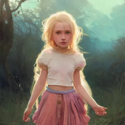 Prompt: a photorealistic dramatic fantasy render of adorable young girl with blonde hair and blue eyes, in pink mini skirt, by wlop, artgerm, greg rutkowski, alphonse mucha, beautiful dynamic dramatic dark moody lighting, shadows, cinematic atmosphere, artstation, concept design art, octane render, 8 k