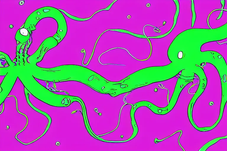Image similar to digital art of a neon purple octopus floating in space by flooko, neon outline, sharp lines, blurry background (arcylic), ((synthwave)),