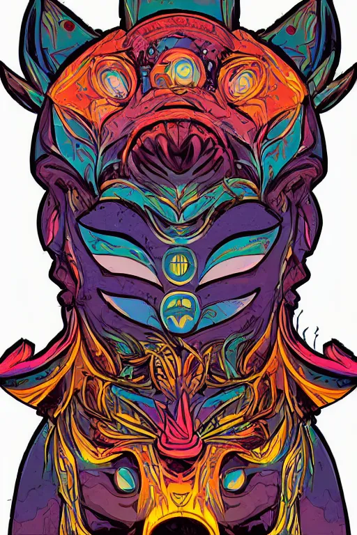 Image similar to animal mask totem roots flower tribal feather gemstone plant wood rock shaman vodoo video game vector cutout illustration vivid multicolor borderlands comics by josan gonzales and dan mumford radiating a glowing aura