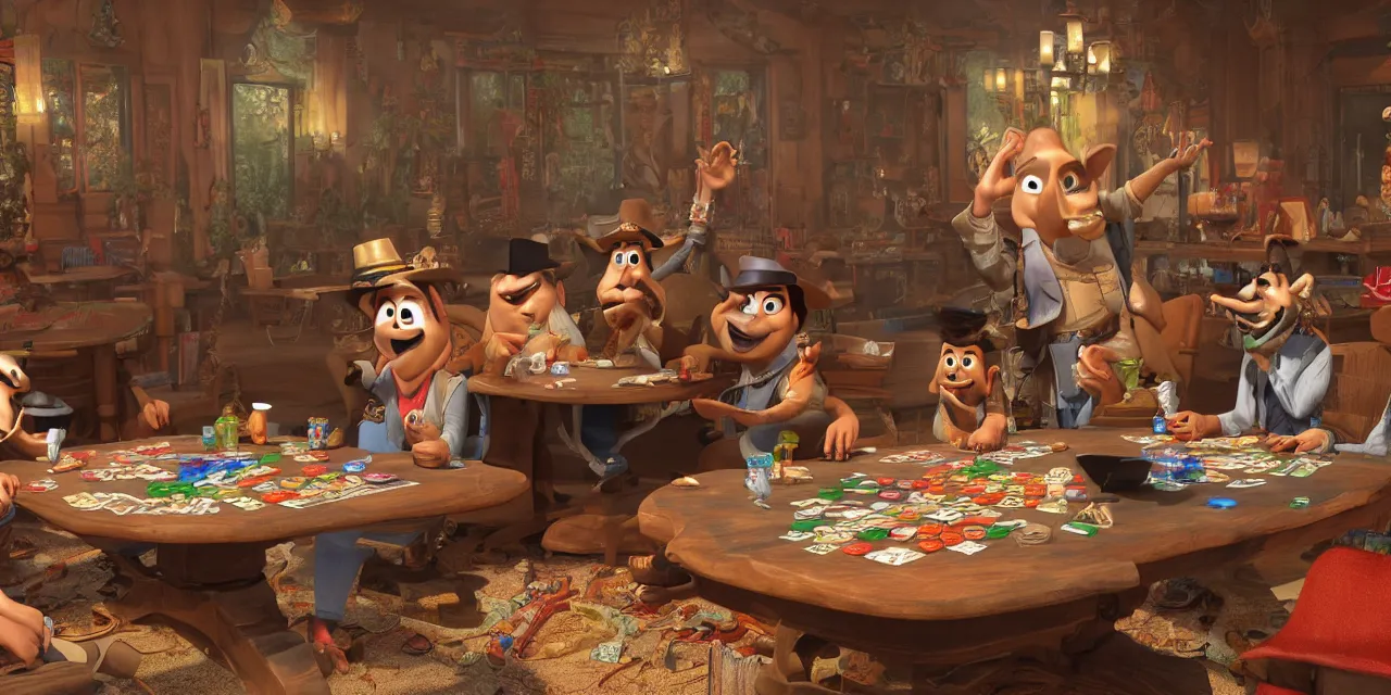 Image similar to wildwest poker table with ganesh and siddhartha as a pixar disney characters from up 2 0 0 9 unreal engine octane render 3 d render photorealistic