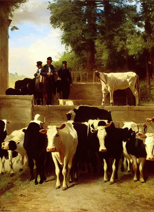 Prompt: artwork painting of acow being led into the slaughter house by eugene von guerard, ivan shishkin, john singer sargent