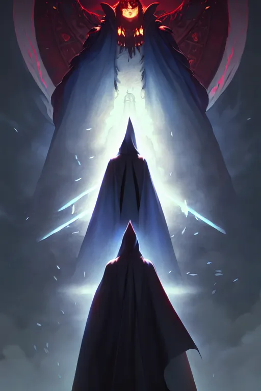 Image similar to video game cover, reaper dressed with a cape surrounded by demons, mid view, design on a black background, by studio muti, greg rutkowski makoto shinkai takashi takeuchi studio ghibli