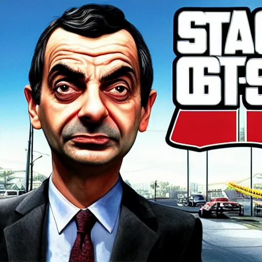 Prompt: mr bean as a drug dealer, gta 5 cover art