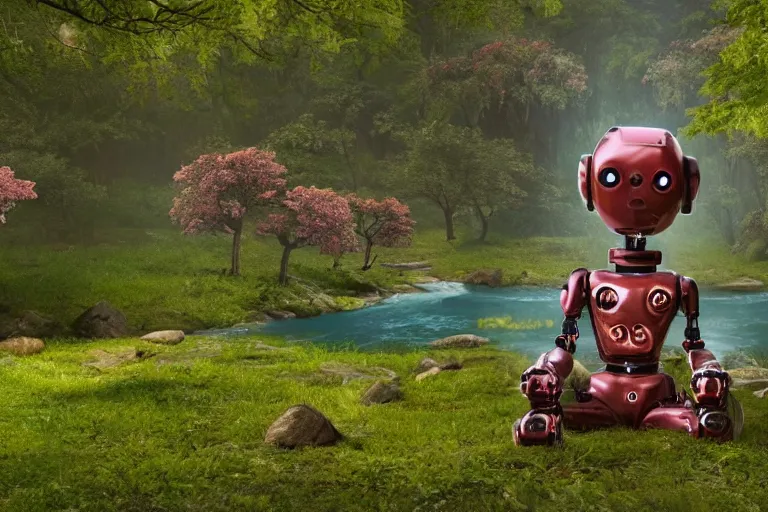 Prompt: professional photo of highly-detailed robot sitting cross-legged with its head pointing down on a small hill, in a fantasy forest with blooming trees and surrounded my wildlife, river flowing beside the robot, 4k, highly detailed, Unreal Engine