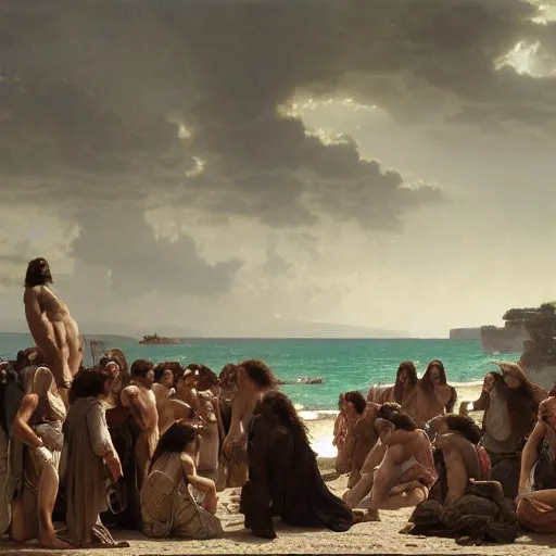 Image similar to an extremely detailed matte painting of a ridiculously good looking supply side jesus that looks like a jewish gigachad with his 1 2 apostle entourage droing keg stands, long curly hair, elegant ancient greek dress, very detailed, windy beach, beautiful, intricate, cinematic, artstation, william bouguereau, alphonse mucha, greg rutkowski, rossdraws, octane render