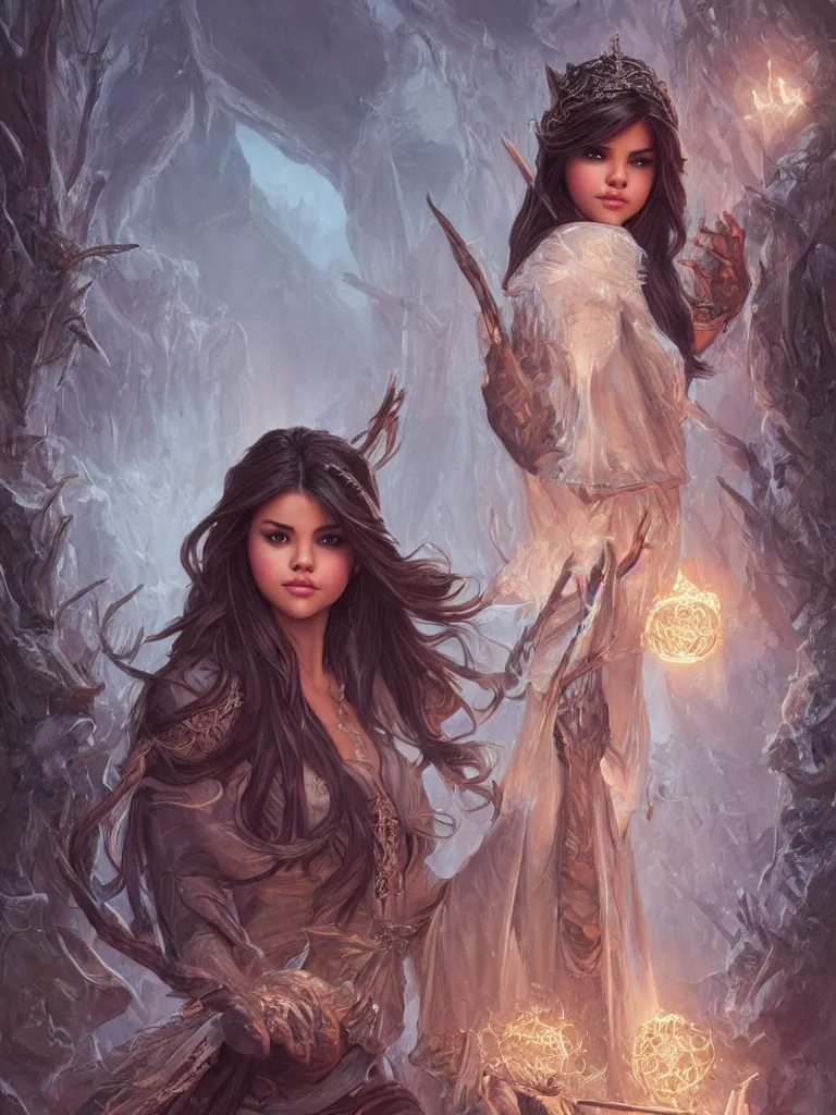 Image similar to Selena Gomez casting an frost spell, D&D, fantasy, intricate, elegant, highly detailed, digital painting, artstation, concept art, matte, sharp focus, illustration, hearthstone, art by Artgerm and Greg Rutkowski and Alphonse Mucha