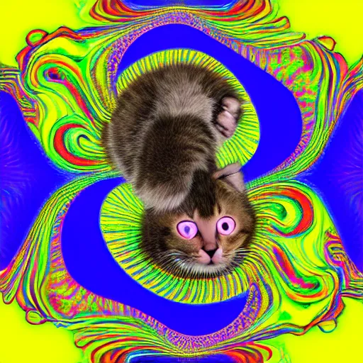 Image similar to existential kitten opart portrait with surreal trippy fractal background by victor moscoso and miyazaki and pascal blanche and amanda sage and harry clarke, highly saturated pink orange green and yellow, ultra wide angle lens distortion extreme perspective, 8 k, artstation