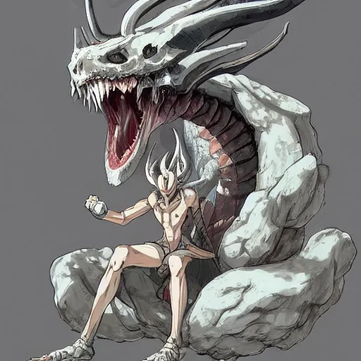 Image similar to concept art painting of a dragonlike anthropomorphic humanoid creature with a long dragon neck and horned skull mask, sitting on a throne, anime style, detailed, cel shaded, in the style of makoto shinkai and greg rutkowski and studio ghibli and moebius