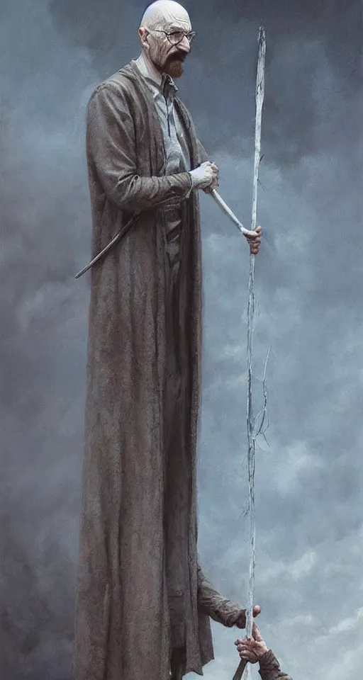 Image similar to Walter White as Saruman holding a staff by Esao Andrews and Karol Bak and Zdzislaw Beksinski