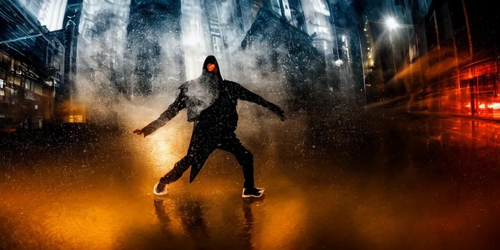 Image similar to fisheye slow motion with trail effect of futuristic break dancer wearing long dark cloak and tongue of fires, long exposure shot , enigmatic, at night in the middle of a rainy street, paddle of water, steam, fog, water splashes, rim lights, glossy reflections, water droplets on lens, octane render, Volumetric Golden dappled dynamic lighting, dark and dramatic, detailed and soft,