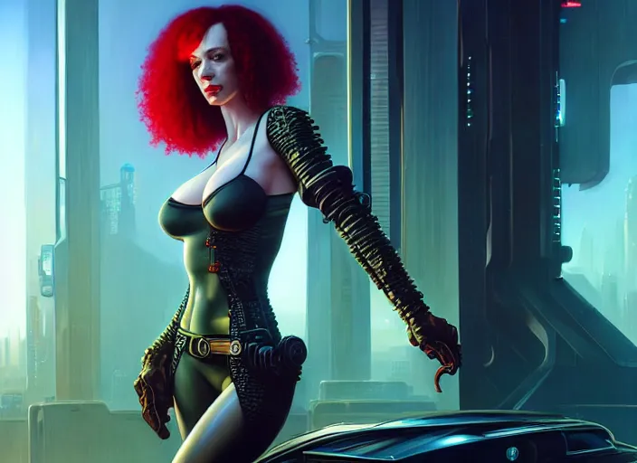 Image similar to wideangle shot of christina hendricks in cyberpunk 2 0 7 7, intricate, elegant, highly detailed, centered, digital painting, artstation, concept art, smooth, sharp focus, illustration, artgerm, tomasz alen kopera, peter mohrbacher, donato giancola, joseph christian leyendecker, wlop, boris vallejo