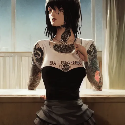 Image similar to french bar maid, tattoos, black t - shirt, black skirt, detailed portrait, intricate complexity, by greg rutkowski, artgerm, ross tran, conrad roset, takato yomamoto, ilya kuvshinov. 4 k, beautiful, cinematic dramatic atmosphere