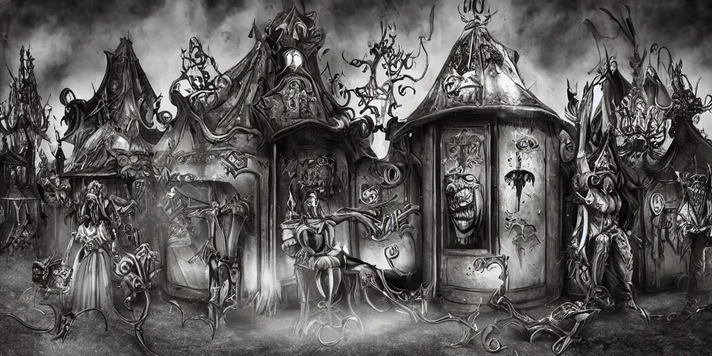 Image similar to a dark fantasy side view of a creepy evil carnival circus ticket booth, tim burton, world of warcraft, league of legends