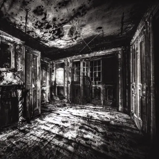 Image similar to interior of a haunted house, late at night, spooky, eerie, dark, foreboding