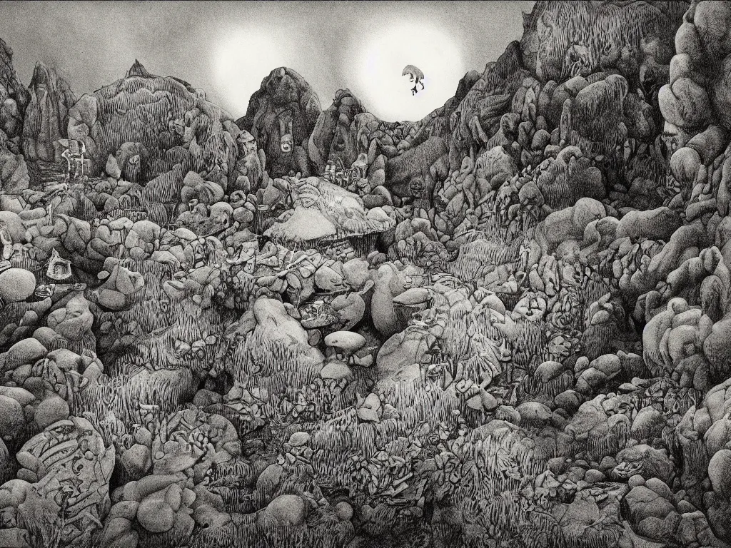 Image similar to landscape, limbo, sulfur, cavern, photorealism, 4 k, highly detailed, elaborate, octane render, by maurice sendak, edward gorey, charles addams,