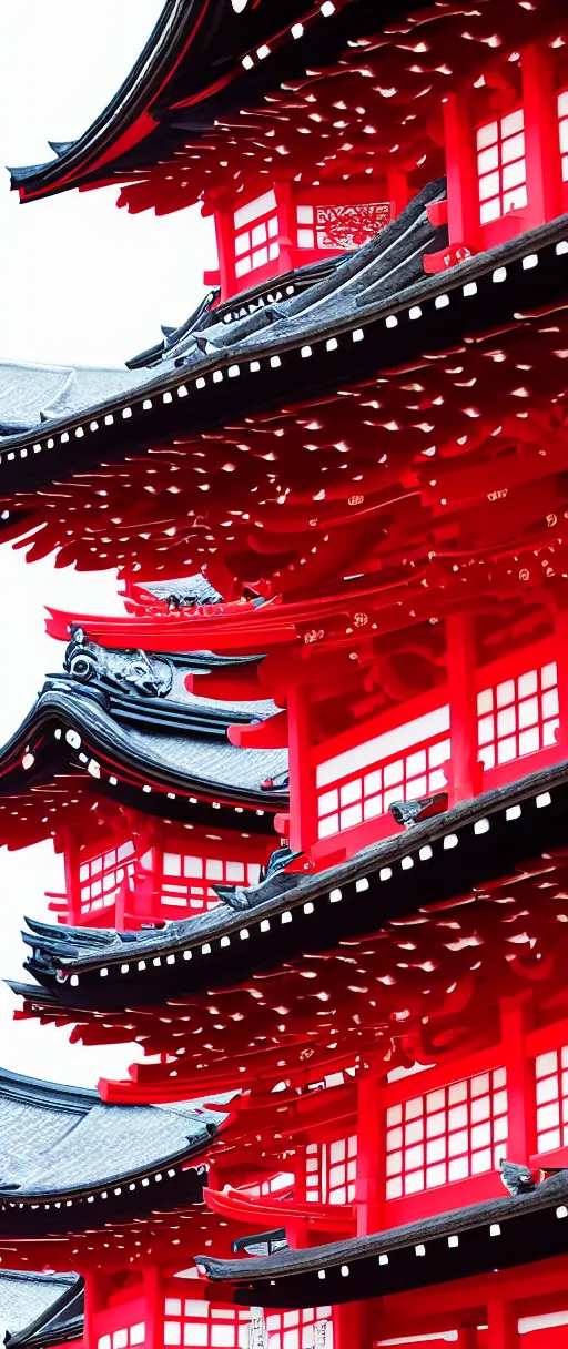 Prompt: Japanese fantasy art, buildings, old japanese architecture, red, white, pink, black, woman,