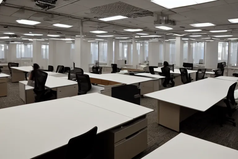 Prompt: an empty nyc office after everyone has moved out, empty desks