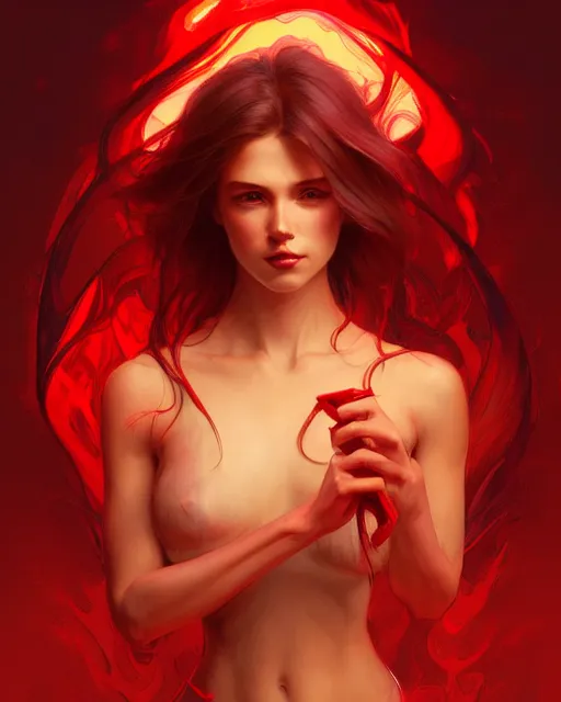 Image similar to emily rajtkowski, lake, red, flames everywhere, highly detailed, digital painting, artstation, concept art, smooth, sharp focus, illustration, art by artgerm and greg rutkowski and alphonse mucha