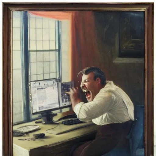 Image similar to an angry man yells at his computer monitor, oil on canvas, 1 8 8 3, highly detailed