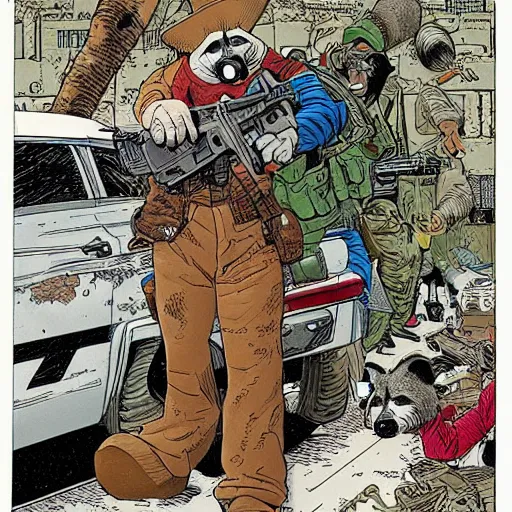 Prompt: a racoon shooting a machine gun by geof darrow, detailed, realistic shading