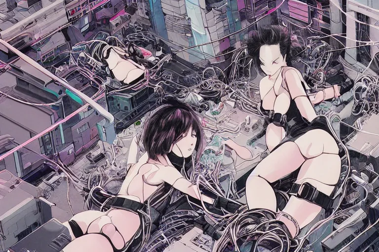 Image similar to a cyberpunk illustration of a group of female androids in style of masamune shirow, lying on an empty, white floor with their bodies scattered across in different poses and cables and wires coming out, by yukito kishiro and katsuhiro otomo, hyper-detailed, intricate, view from above