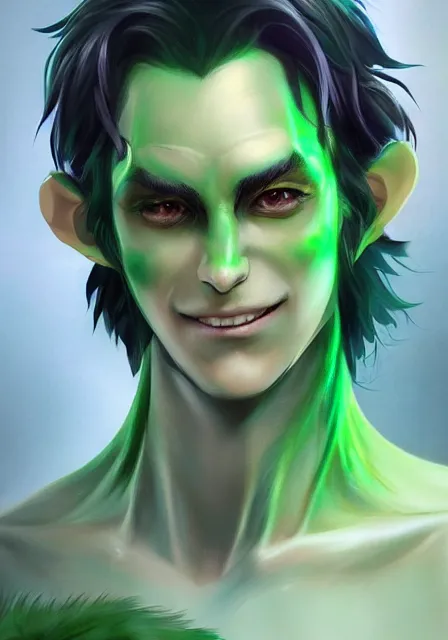 Prompt: A realistic anime portrait of a handsome dryad joker with glowing green eyes and tree bark skin wearing clothes made of leaves, digital painting, by Stanley Artgerm Lau, Sakimichan, WLOP and Rossdraws, digtial painting, trending on ArtStation, SFW version